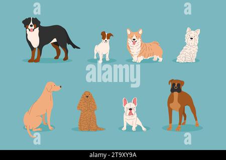 Hundeentnahme. Vektor-Illustration von lustigen verschiedenen Rassen Hunden im trendigen flachen Stil. Süße kleine und große Haustiere. Stock Vektor