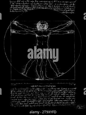 Vitruvian man von Leonardo da Vinci - Illustration Silber auf Schwarz Stockfoto