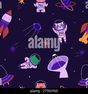 Kosmisches nahtloses Muster mit niedlichen Tieren, Astronauten, Raketen und Alien-Schiff. Vektorabbildung in abgewickelter Form. Stock Vektor