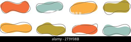 Kollektion abstrakter organischer Formen. Lange unregelmäßige flüssige Formen Set. Amöbenbläschen, Flecken, Tropfen oder Flecken bündeln sich. Farbenfrohe Designvorlagen für Etiketten, Aufkleber, Banner, Präsentationen, Flyer. Vektor Stock Vektor