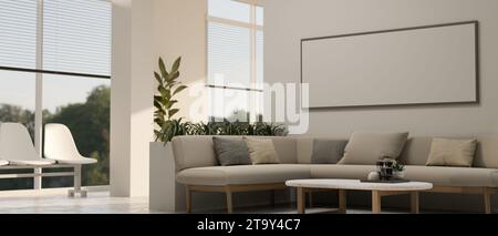 Inneneinrichtung einer modernen Wartebereich-Lounge mit gemütlicher Couch, Couchtisch, Rahmenmockup an weißer Wand, Zimmerpflanzen auf dem Flur und DE Stockfoto