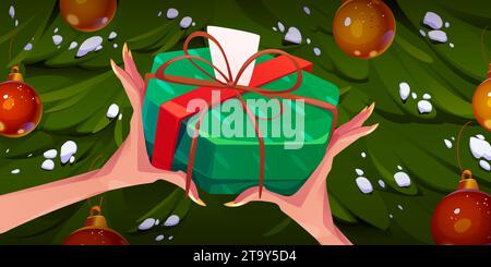 Weibliche Hände, die Geschenkbox auf Weihnachtsbaumhintergrund halten. Vektor-Karikaturillustration von frohen Weihnachten Geschenk, Überraschungspaket in grünem Papier mit roter Schleife, leere Karte, Winterferien verpackt Stock Vektor