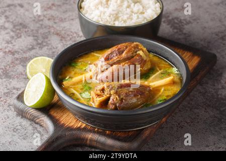 Nalli Nihari Indianer langsam gekochter Lammeintopf mit Reis auf dem Holzbrett auf dem Tisch. Horizontal Stockfoto