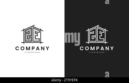 Initial ZE Home Logo mit kreativem House Element in Line Art Stil Vektor Design Vorlage. Stock Vektor