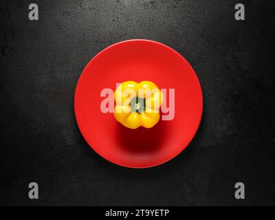 Frische gelbe Paprika auf einem roten Teller auf schwarzem strukturiertem Hintergrund. Draufsicht, Kopierraum. Kreatives Lebensmittelkonzept. Stockfoto