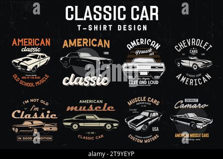 Oldtimer-T-Shirts im Paket. Oldtimer-Vektor-T-Shirt-Grafik. Stock Vektor