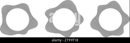 Radialwellen-Schalllinien. Kreisförmiger Rahmen. Klangring. Wellenförmiger Rundrahmen. Symbol für radiale Strahlen. Wellenförmiges geometrisches Designelement. Equalizer, radial Stock Vektor