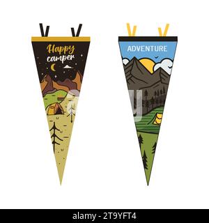 Set von Abenteuerwimpeln. Design mit Camping-Wimpant-Flaggen. Vintage Outdoor-Designs mit Sommercamp-Symbolen Berge, Zelt, Lagerfeuer. Rohteilvektor Stock Vektor