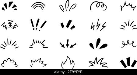 Doodle Manga-Comic-Ausdruckselemente. Handgezeichneter Sonnenstrahl. Funkelnde Schilder in Zeichentrickfilmen. Designelement für Emotionseffekte. Symbol für Skizzenburst Stock Vektor