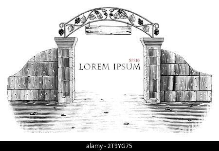Vineyard Gate handgezeichnete Schwarzweiß-ClipArt im Vintage-Stil Stock Vektor