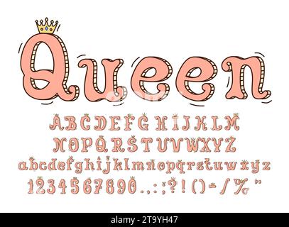 Queen-Schriftart, Prinzessin-Schriftart, königliche Schriftart, englisches Alphabet mit goldenen Kronen, verströmt königliche Eleganz mit verzierten, niedlichen rosa Zeichentrickbuchstaben. Anmutige, wirbelnde Charaktere vermitteln ein Gefühl der Verzauberung Stock Vektor