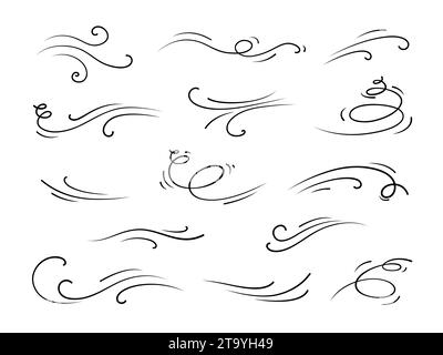 Doodle Wind Air Motion zeigt unsichtbaren Tanz von wehendem Wind, sanfte Bewegung der Luft mit fließenden Linien und Wirbeln. Isolierter Vektorsatz von handgezeichneten skizzenhaften Kurven, die die ätherische Anmut der Natur einfangen Stock Vektor