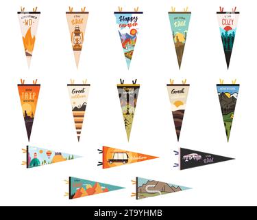 Set von Abenteuerwimpeln. Design mit Camping-Wimpant-Flaggen. Vintage Outdoor-Designs mit den Symbolen des Sommercamps Berge, Laterne und Lagerfeuer. Rohteilvektor Stock Vektor