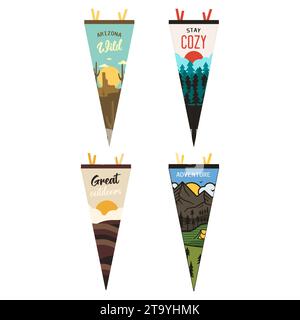 Abenteuer Wimpel Set. Design mit Camping-Wimpant-Flaggen. Vintage Outdoor-Designs mit den Symbolen des Sommercamps, Bergen, Laternen und der Wüste von arizona. Lager Stock Vektor