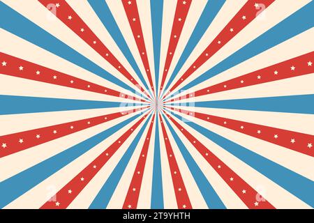 Vintage Zirkusstrahlen Hintergrund. Vektorfarbener Retro-Hintergrund mit roten, blauen oder weißen strahlenden Strahlen und Sternen im Stil der us-Flagge. Eine nostalgische Explosion von Farbtönen, die Sie zurück in die Vergangenheit führt Stock Vektor