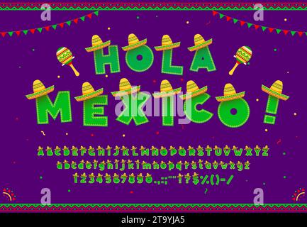 Mexikanische Schrift, hispanische Schrift mit Sombrero Hut, lateinamerikanische Schrift, Feiertagsalphabet. Buchstaben und Zahlen, ABC Schriftart Vektorsymbole mit mexikanischem Ornament, Sombrero Hut und Maracas Stock Vektor