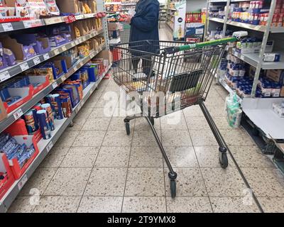 Marktkau-Einkauf zu Zeiten von Inflation und Krieg in der Ukraine Einkaufswagen, Warenkorb, Einkaufskorb, Preisvergleich, Teuerung, Grundnahrungsmittel, Marktkauf-Einkauf in einem Supermarkt oder Discounter *** Markteinkäufe in Zeiten von Inflation und Krieg in der Ukraine Warenkorb, Warenkorb, Warenkorb, Preisvergleich, Inflation, einfache Lebensmittel, Markteinkäufe Einkaufen in einem Supermarkt oder Discounter Credit: Imago/Alamy Live News Stockfoto