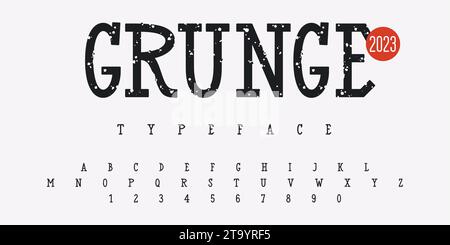 Schriftart für Grunge-Textur. Vektor handgemachtes Alphabet. Großbuchstaben und Zahlen im Stempelformat. Vektoren. Grobe Stempelschriftart Stock Vektor