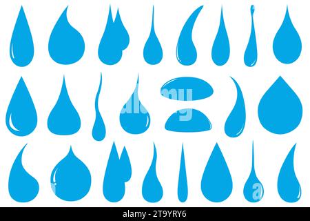 Collage verschiedener Wassertropfen isoliert auf weiß Stockfoto