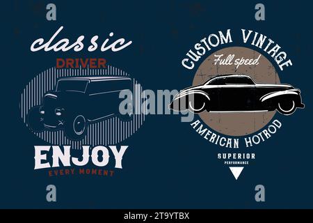 T-Shirt-Design mit Vektorgrafiken von Hotrod-Autos. Stock Vektor