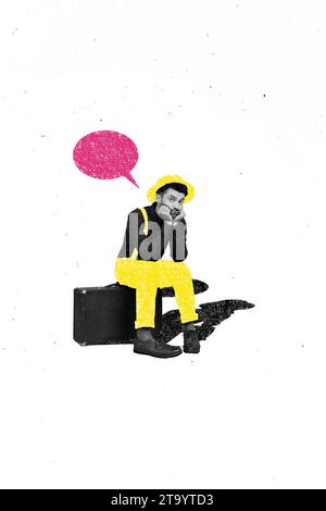 Vertikale Vorlage Collage unzufriedener junger Mann in gelbem Anzug sitzen auf diplomatischem Fall depressive Person Rede isoliert auf weißem Hintergrund Stockfoto