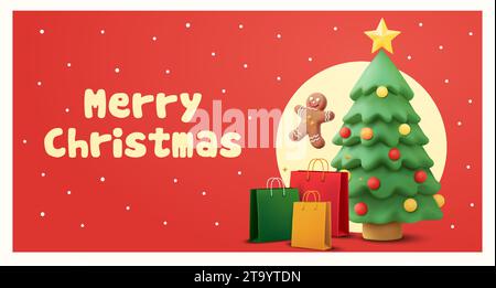 3d süßes fröhliches weihnachtsbannerkonzept mit dekoriertem Kiefernbaum, Einkaufstaschen, Schneeflocken, Lebkuchenmann. Geschenkkarte für frohe weihnachten oder Landing-Page-Konzept mit rotem Hintergrund. 3D-Vektor. Vektorabbildung Stock Vektor