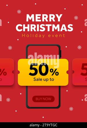 3D Merry Christmas Werbebanner Vorlage mit gelbem Coupon, rotem Hintergrund mit Smartphone. Geschenkgutschein für Veranstaltungen zum Sonderpreis. Gutschein für Weihnachten. Vektorabbildung. Vektorabbildung Stock Vektor