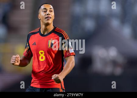 BRÜSSEL, BELGIEN - 19. NOVEMBER: Youri Tielemans von Belgien beim Spiel der Gruppe F - UEFA EURO 2024 Europa-Qualifikation zwischen Belgien und Aserbaidschan im King Baudouin Stadium am 19. November 2023 in Brüssel, Belgien. (Foto: Joris Verwijst/BSR Agency) Stockfoto