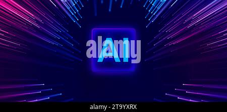 KI-Text auf Hintergrund verbundener Punkte und LED-Linien, Konzept der künstlichen Intelligenz. 3D-Rendering. Stockfoto