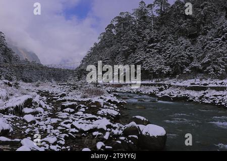 Der Fluss Lachung Chu fließt durch das schneebedeckte Yumthang-Tal, ein wunderschönes Bergtal in der Nähe der Bergstation Lachung im Norden von sikkim, indien Stockfoto