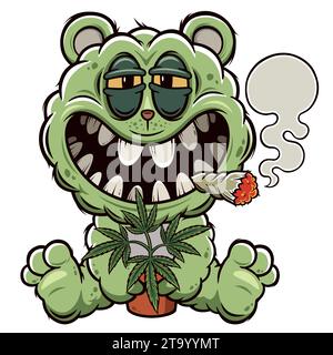 Vektor-Illustration von Cartoon Teddybär raucht eine Zigarette mit Marihuana, Cannabisblättern, Druck für T-Shirts Stock Vektor