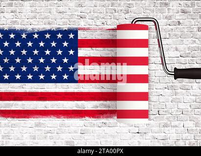 Nahaufnahme der Walze zum Anmalen auf weiße Ziegelwand mit amerikanischer US-Flagge, Wand mit tropfender Farbe, Abstimmung für das Konzept des Präsidenten Stockfoto