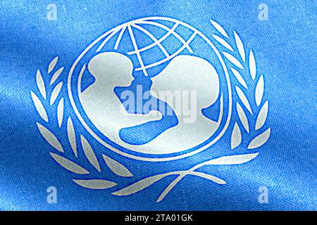 ROM, Italien - 9. Dezember 2015: Nahaufnahme der gewellten Stoffstruktur der Flagge mit blauer und weißer Farbe von unicef Stockfoto