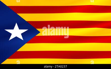 Flagge kataloniens gelber und roter Streifen mit Stern gewelltem Texturstoff Hintergrund, nationales katalanisches Symbol für Separatismus Unabhängigkeit vom spanischen Konzept Stockfoto