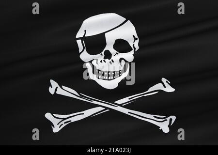 3D-Rendering, im Wind winkende Piratenfahne, Calico Jack Piratensymbol, Hacker- und Räuberkonzept Stockfoto