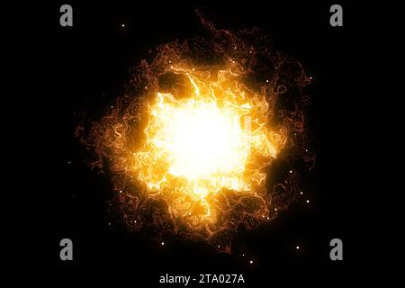 3D-Rendering, abstrakte kosmische Explosion Schockwelle warme Goldenergie auf schwarzem Hintergrund, Textureffekt Stockfoto