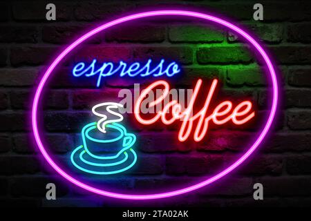 Flackerndes blinkendes rotes und blaues neonfarbenes Espresso-Kaffee-Symbol-Zeichen auf Backsteinmauerhintergrund, offenes Espresso-Café-Bar-Entspannungsschild Stockfoto