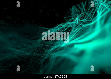 Abstrakte Stream Wave Array farbenfrohe Glitzer-grüne Linien mit Partikeln auf schwarzem Hintergrund Wissenschaft und Forschungstechnologie Konzept Stockfoto
