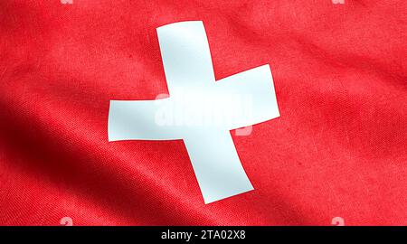 Gewellte Textur der Flagge der schweiz, roter Hintergrund und weißes Kreuz, Symbol der schweiz Stockfoto