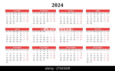 portugiesischer Kalender 2024. Einfache Vektorvorlage Illustration für Portugal. Horizontal. Planen Sie Ihr Jahr Stock Vektor