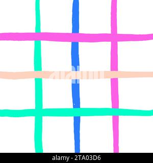 Gingham Check-Vektormuster in leuchtenden, satten Farben. Handgezeichnete kreuzte Streifen. Geometrischer Hintergrund mit Schachzug. Cottage Stock Vektor