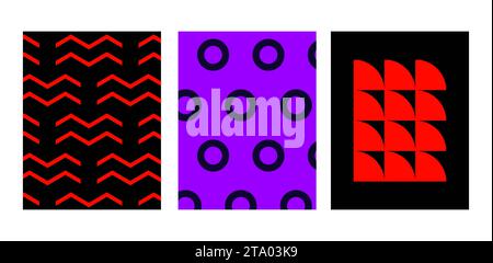 Brutalistische Poster mit nahtlosen Mustern abstrakter geometrischer Formen. Brutale zeitgenössische Figur Stern ovale Spiralwelle und andere primitive Elemen Stock Vektor