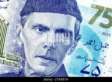 Muhammad Ali Jinnah (1876–1948). Porträt aus Pakistan 75 Rupien 2023 Banknoten. Muhammad Ali Jinnah ist der Gründer von Pakistan Stockfoto