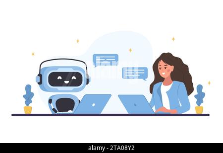 Chatbot-Konzept. Frau, die mit dem Roboter spricht. KI-Assistent. Mädchen, das Fragen stellt und Antworten erhält. Online-Kundensupport. Künstliche Intelligenz Stock Vektor