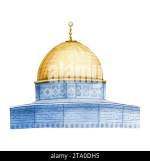 Jerusalem Dome of the Rock muslimische Moschee Aquarellillustration. Qubbat als Sakhra in Al Aqsa auf dem Tempelberg in Israel Stockfoto