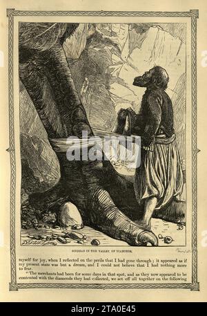 Vintage-Illustration eintausend und eine Nacht, Sinbad der Seemann im Tal der Diamanten, arabische, nahöstliche Folktalen, von den Brüdern Dalziel. Geschichte von Sinbad dem Seemann Stockfoto