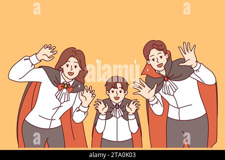 Die Familie ist als Vampire gekleidet, um halloween-Shows zu feiern und freut sich bei der Ankunft am 31. oktober. Ehemann und Ehefrau mit Sohn in festlichen dracula Familienkostümen für halloween Party Stock Vektor