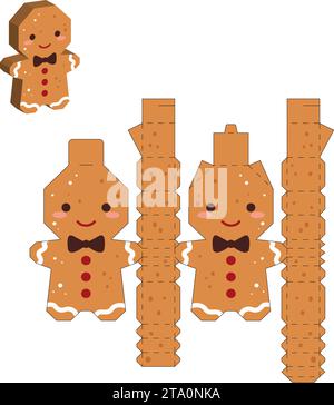 Einfache Verpackung zugunsten der Box Lebkuchenmann Design für Süßigkeiten, Süßigkeiten, kleine Geschenke. Vorlage für Parteipaket. Drucken, ausschneiden, falten, kleben. Vektor Stock Vektor