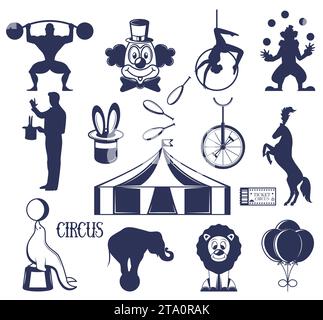 Circus design element black-and-white silhouette isolated set Stock Vektor