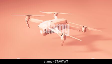 Air Drone Fly auf einem weichen roten Studio Hintergrund. Perspektivische Ansicht. Minimales Konzept. Abbildung 3D-Rendering. Stockfoto